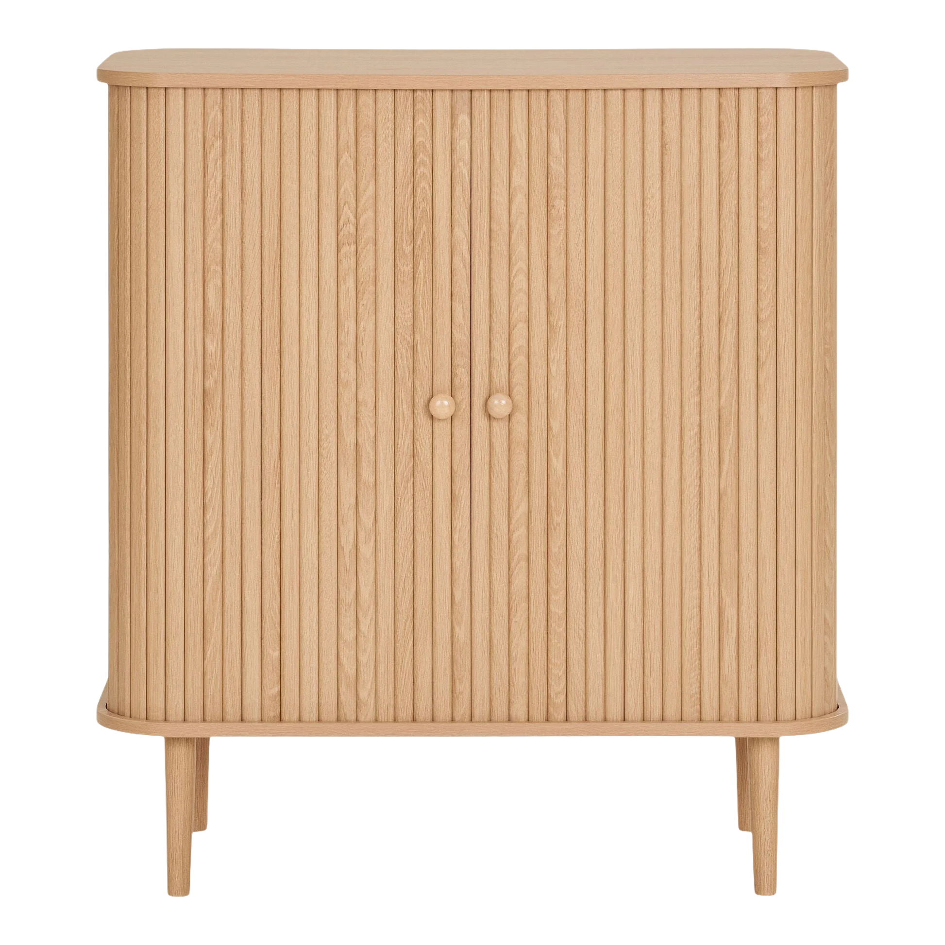 Buffet bas en bois naturel clair avec portes coulissantes striées et bords arrondis