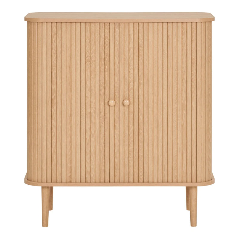 Petit buffet bas en bois naturel strié 2 portes coulissantes – 80x40 cm