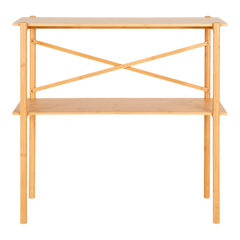 Petite console en bambou naturel avec 2 étagères et structure croisée – 83x32 cm