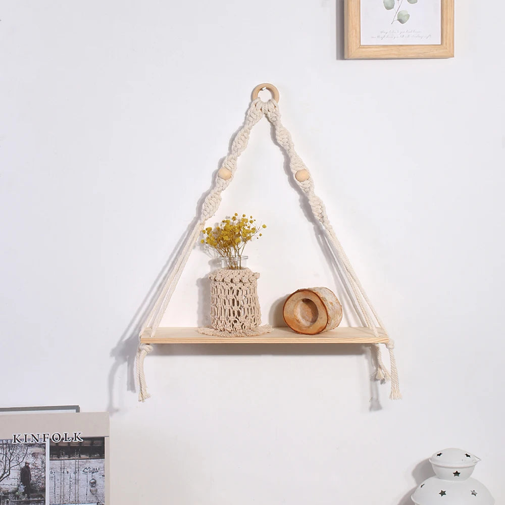 Petite étagère murale bois et macramé variante 3