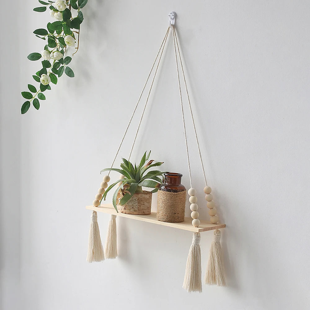 Petite étagère murale bois et macramé variante