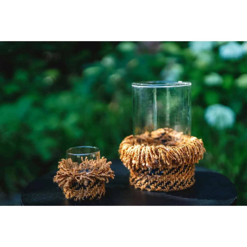 Photophore en coton tricoté main marron texturé