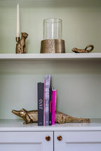 Photophore en laiton doré motif croco avec verre cylindrique – H24 cm