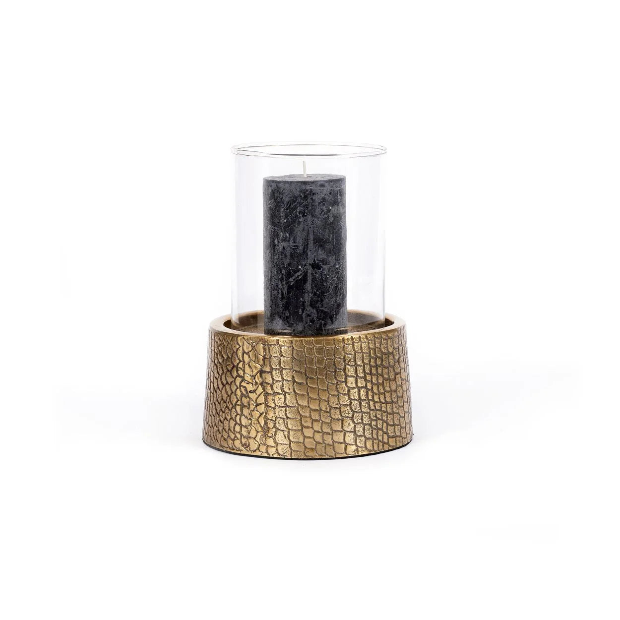 Photophore en laiton doré motif croco avec verre cylindrique – H24 cm
