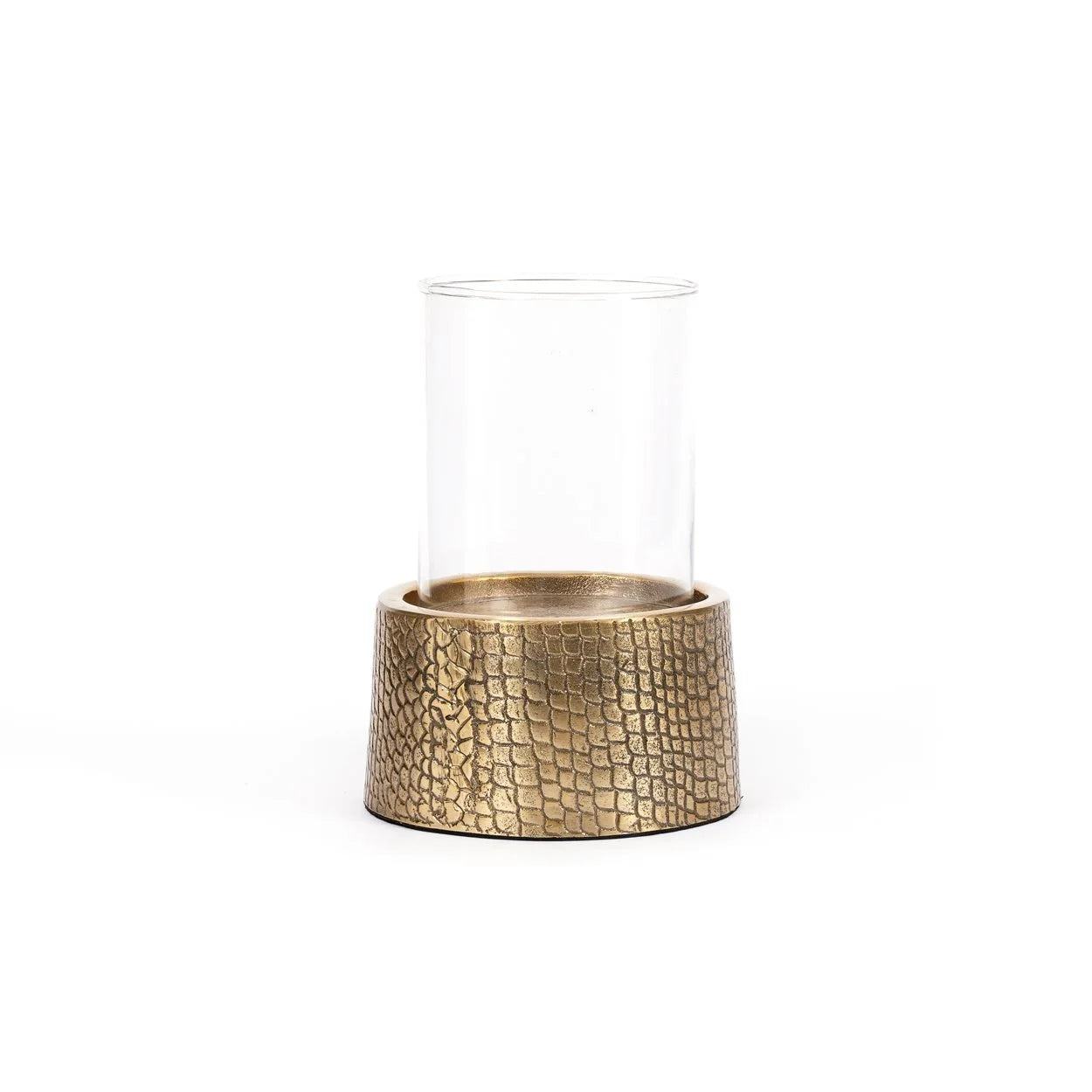 Photophore en laiton doré avec texture reptilienne embossée et insert en verre cylindrique