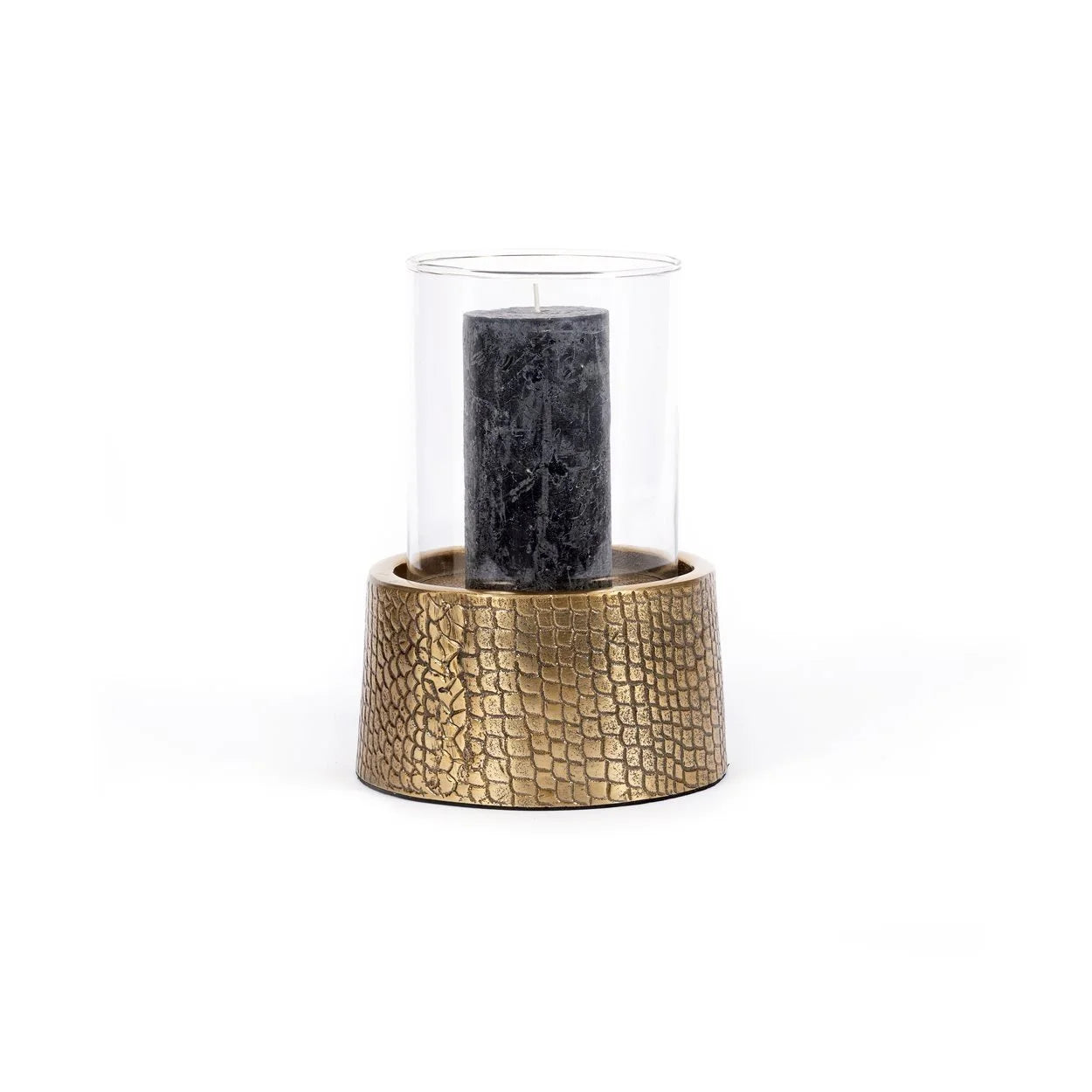 Photophore en laiton doré motif croco avec verre cylindrique et bougie noire H24 cm