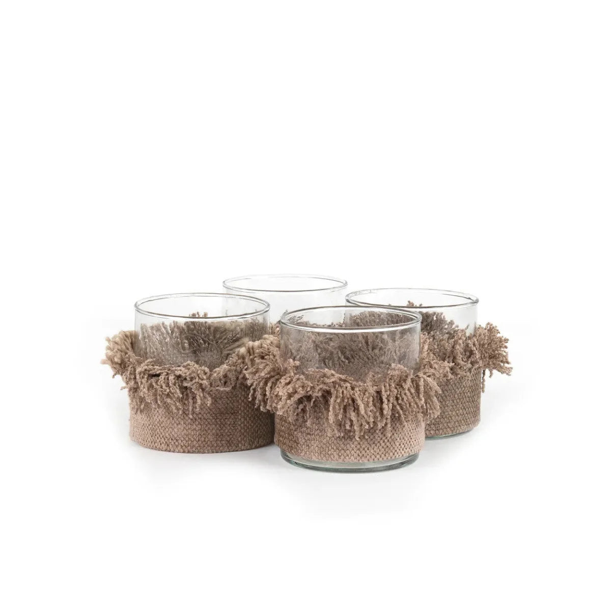 Photophore en verre base tressée beige avec franges déco chaleureuse