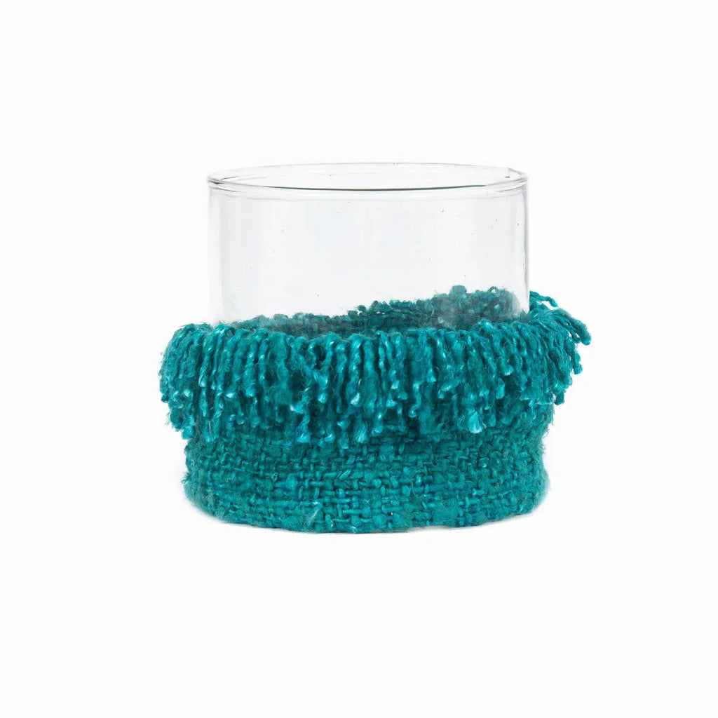 Photophore en verre tissé turquoise frangé, hauteur 15 cm