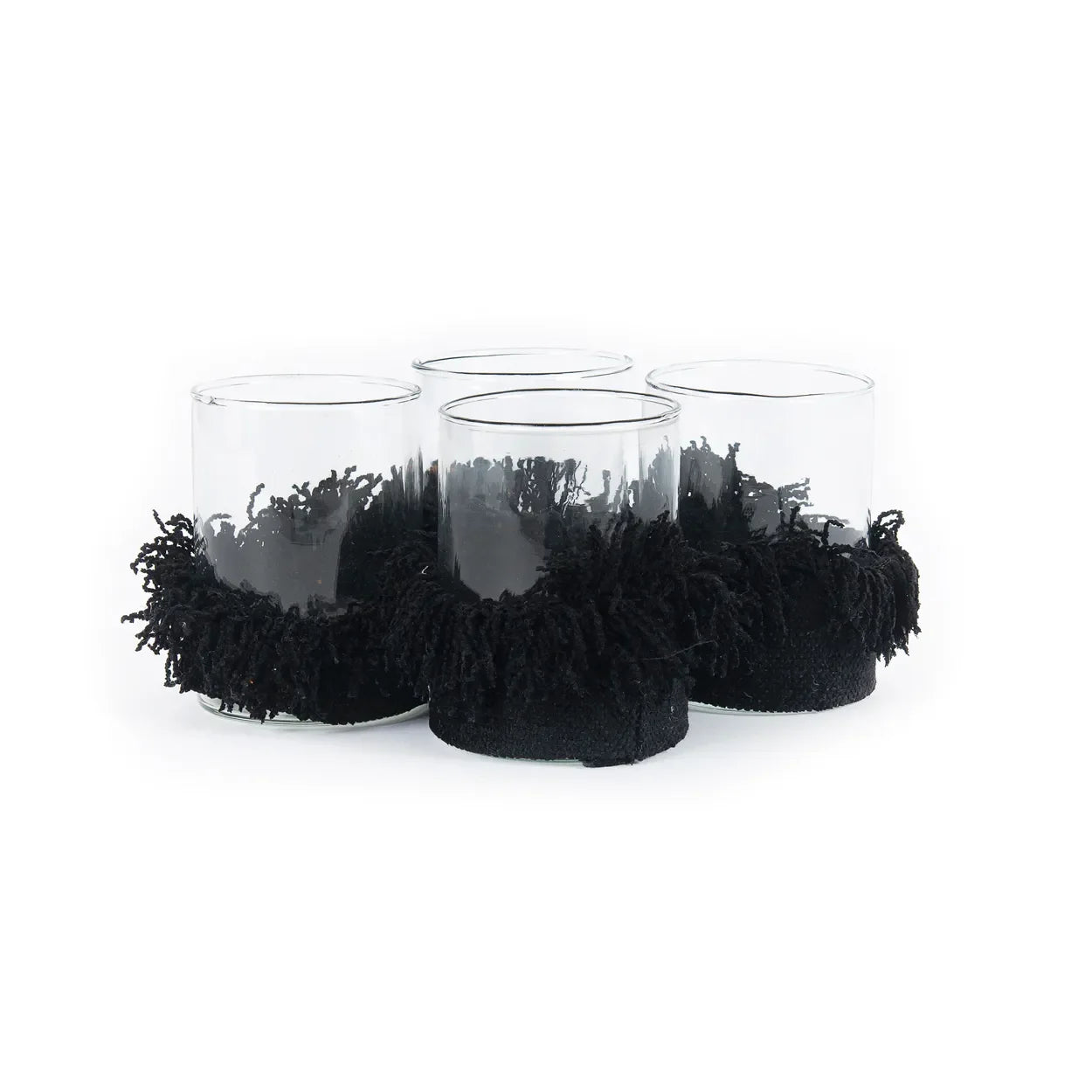 Quatre verres transparents avec franges en velours noir pour Photophore en verre élégant