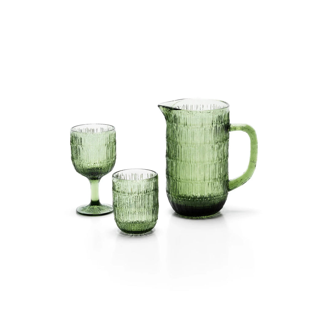 Pichet verre recyclé vert ondulé avec anse, verre vin et tumbler texturés sauge