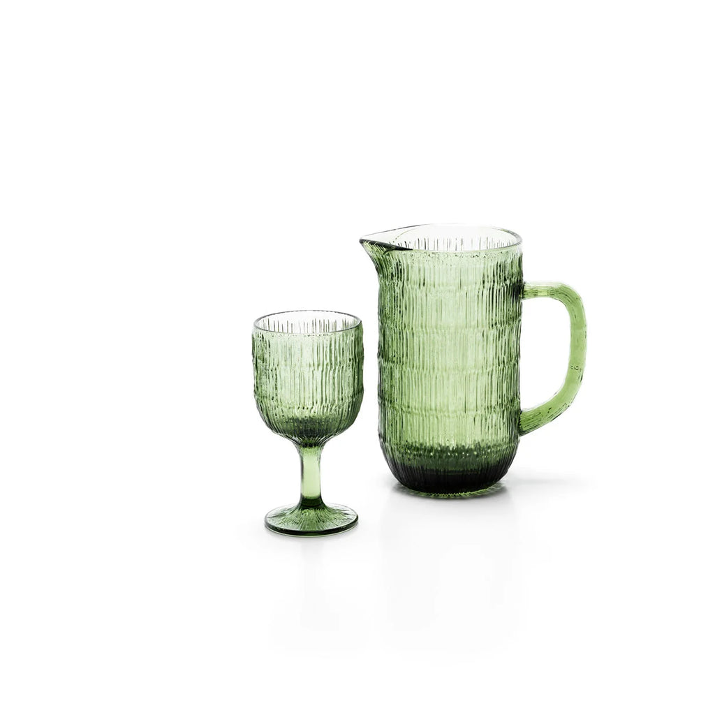 Pichet en verre recyclé vert ondulé avec anse et verre assorti