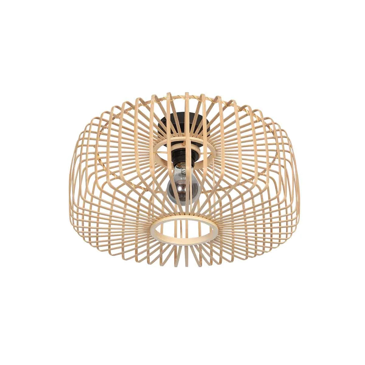 Plafonnier ajouré en bambou naturel avec base noire et ampoule exposée, Ø40 cm
