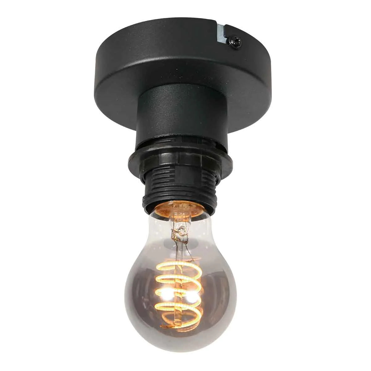 Plafonnier ajouré en bambou naturel avec base noire et ampoule à filament spiralé