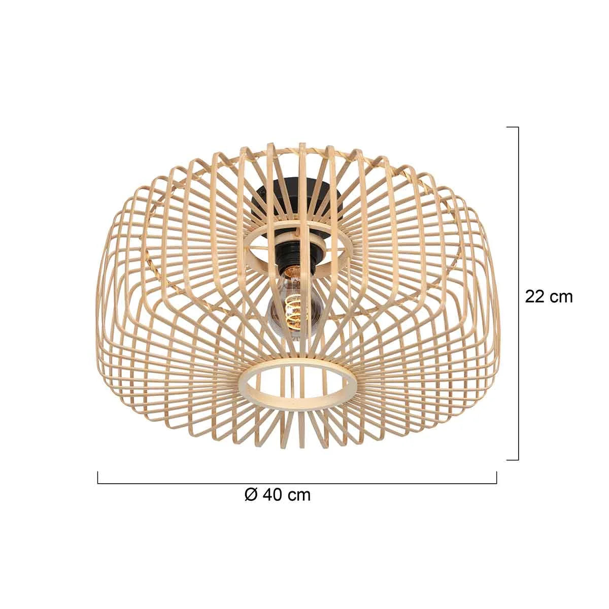 Plafonnier ajouré en bambou naturel avec base noire, diamètre 40 cm, éclairage suspendu