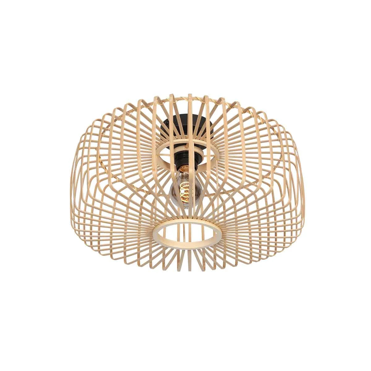 Plafonnier ajouré en bambou naturel avec base noire et ampoule Edison Ø40 cm