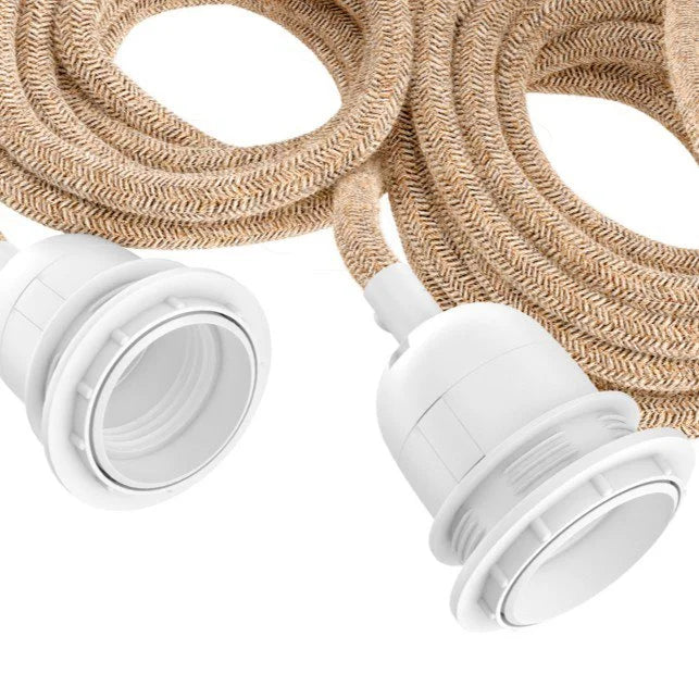 Lampes suspendues en textile avec cordons beige et base blanche pour 3 ampoules