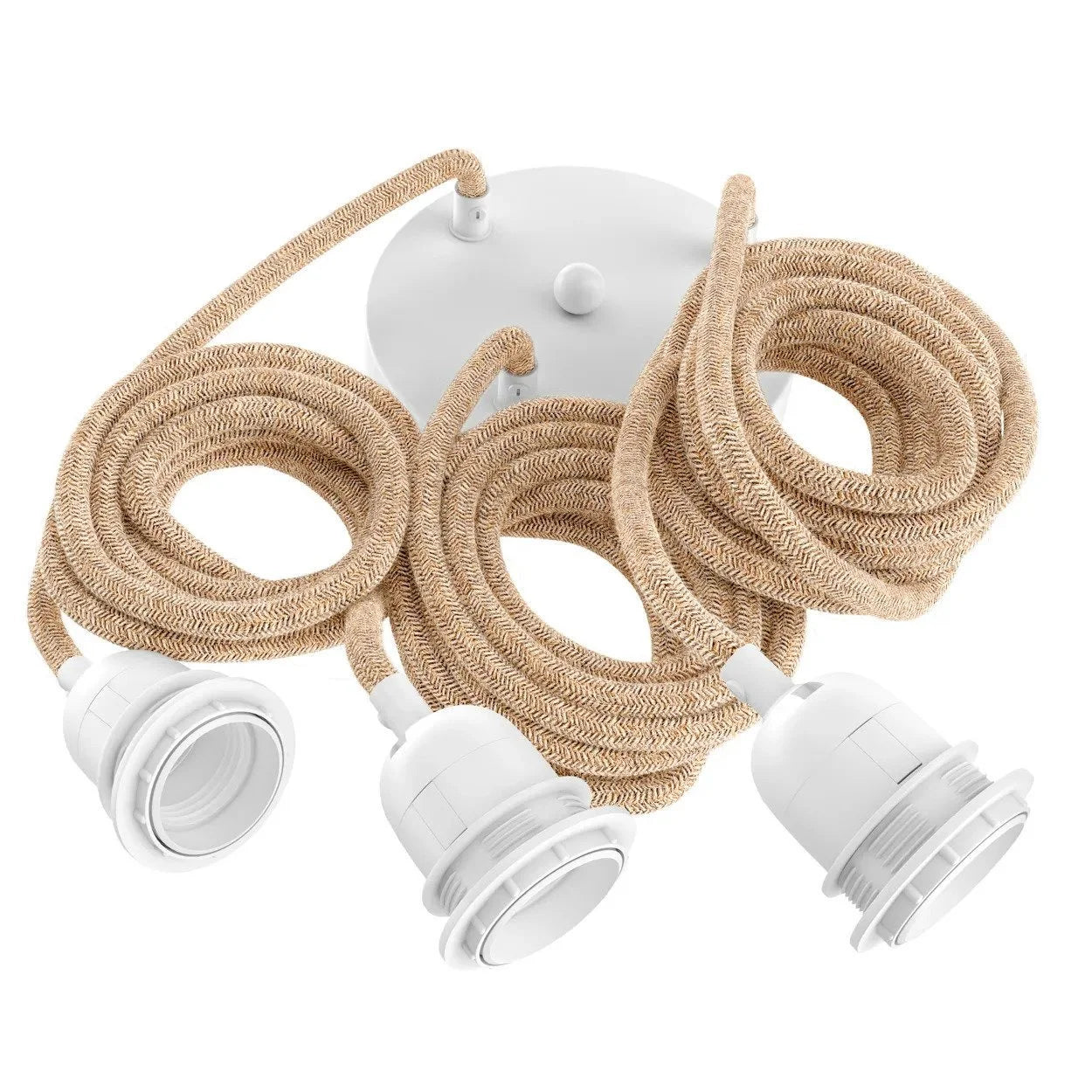 Plafonnier suspension en textile beige avec 3 lampes et base blanche, longueur 250 cm