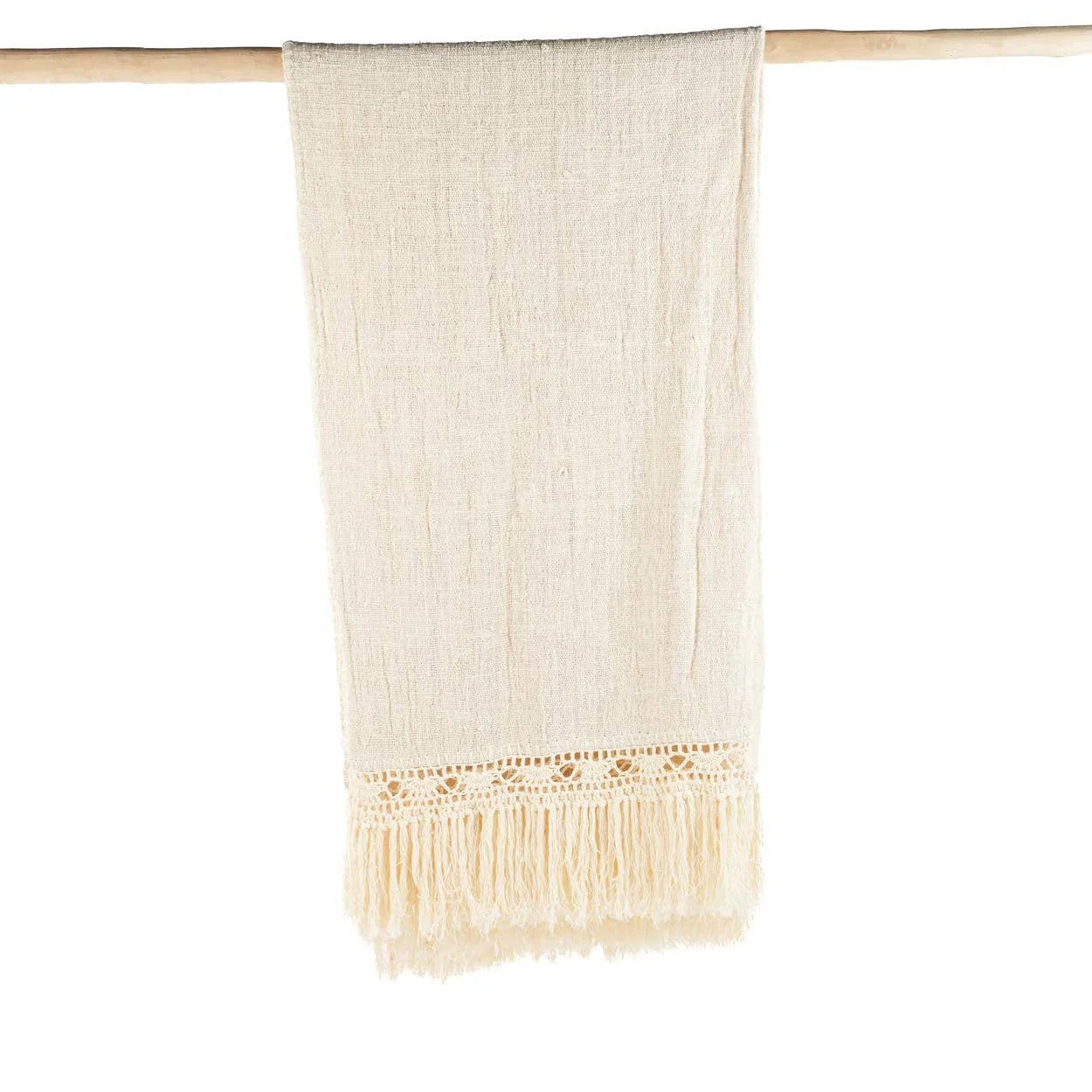 Plaid en coton beige avec franges et bordure macramé, 135x270 cm