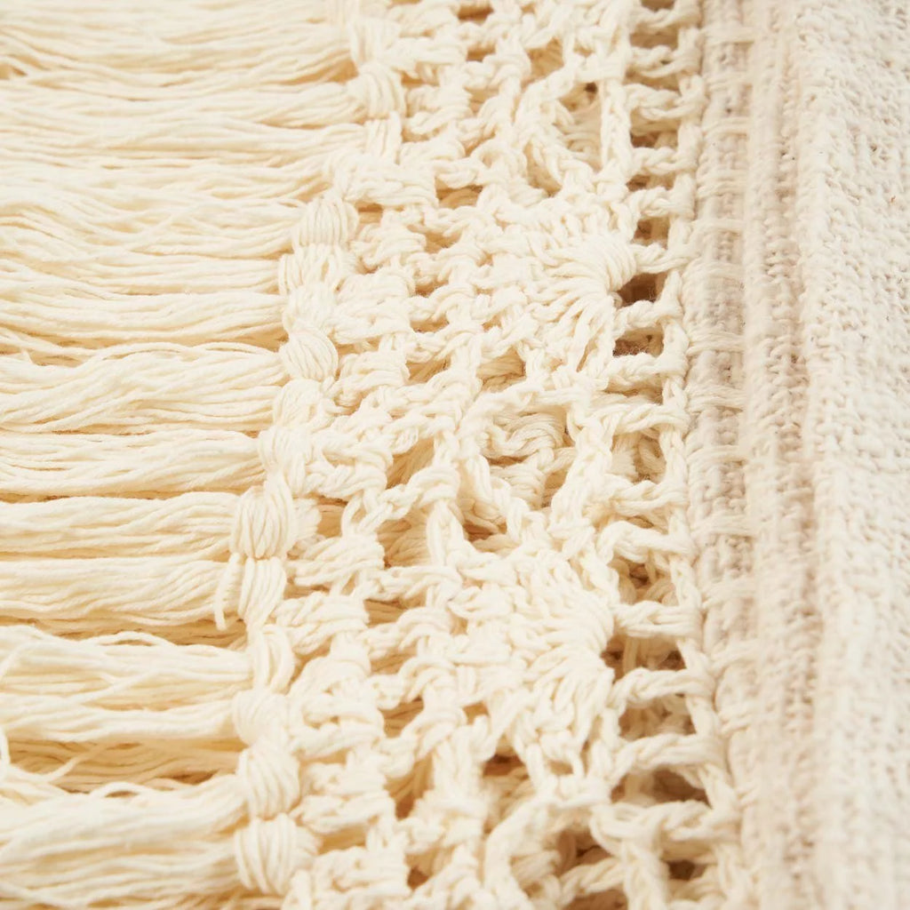 Tissu en crochet beige crème avec franges pour plaid en coton 135x270 cm