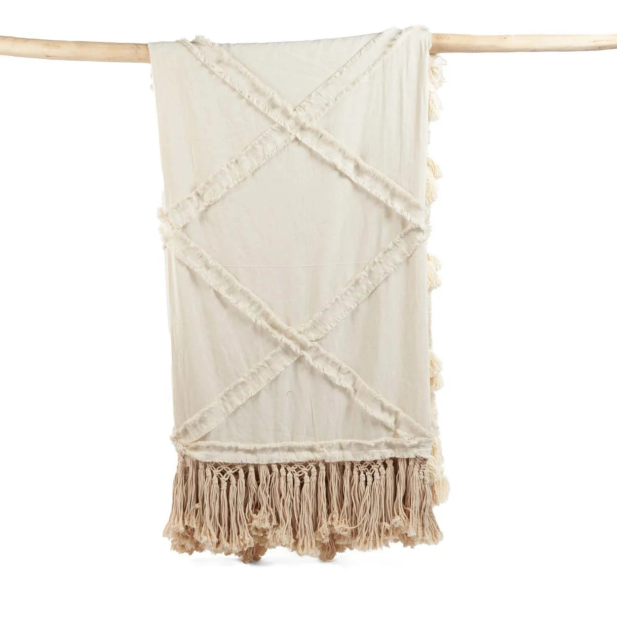 Plaid en coton écru avec franges, pompons et motif en diamant texturé 240x300 cm