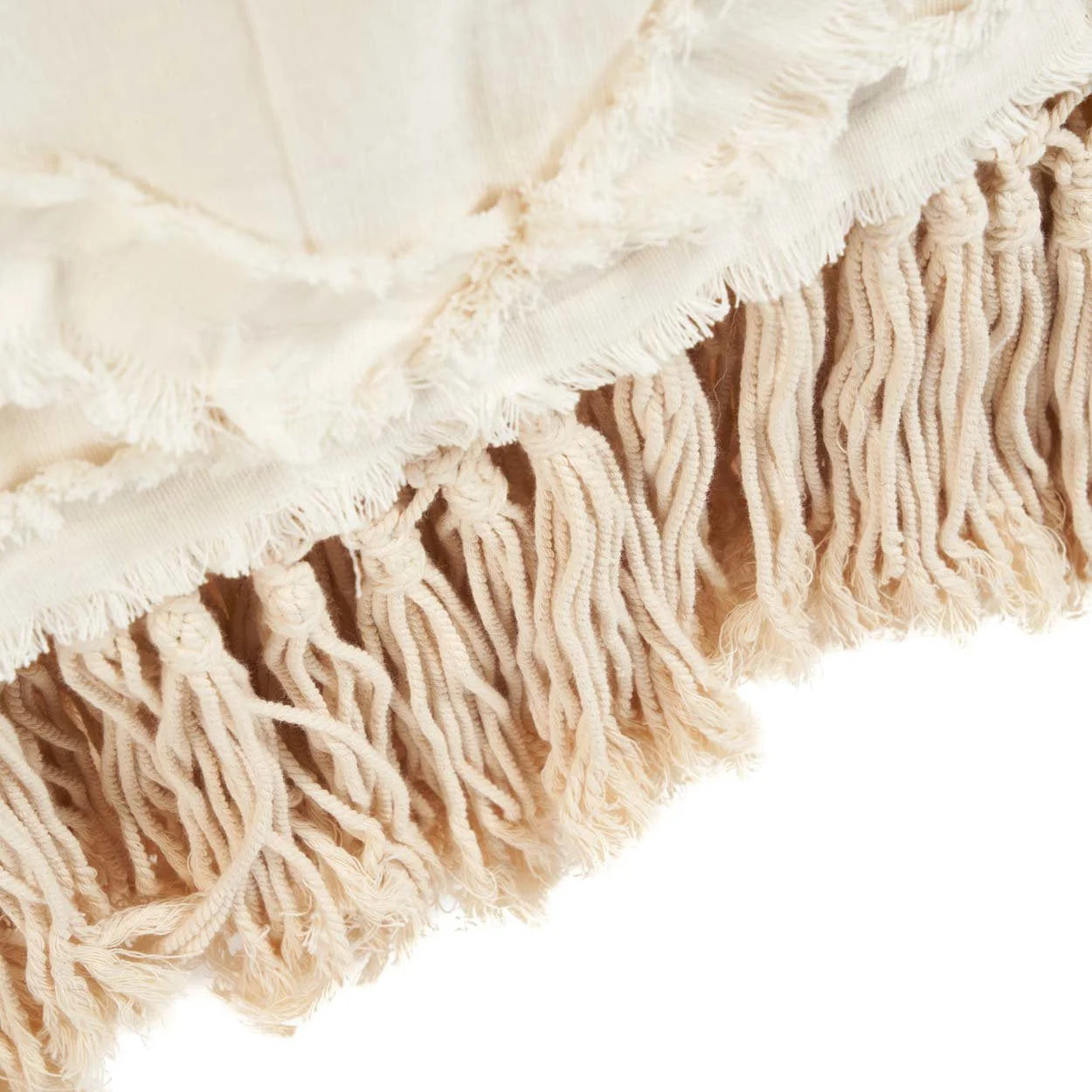 Tissu crème avec frange distressed et pompons décoratifs pour Plaid en coton écru