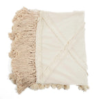 Plaid en coton écru avec franges, pompons décoratifs et motif croisé, 240x300 cm