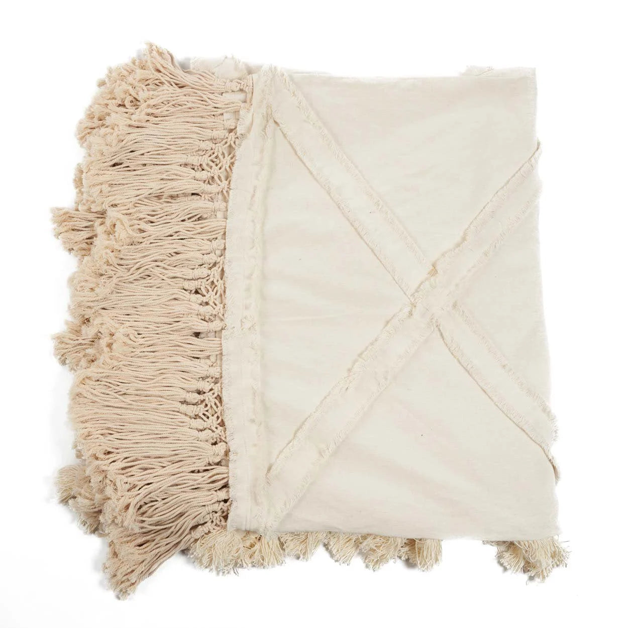 Plaid en coton écru avec franges, pompons décoratifs et motif croisé, 240x300 cm