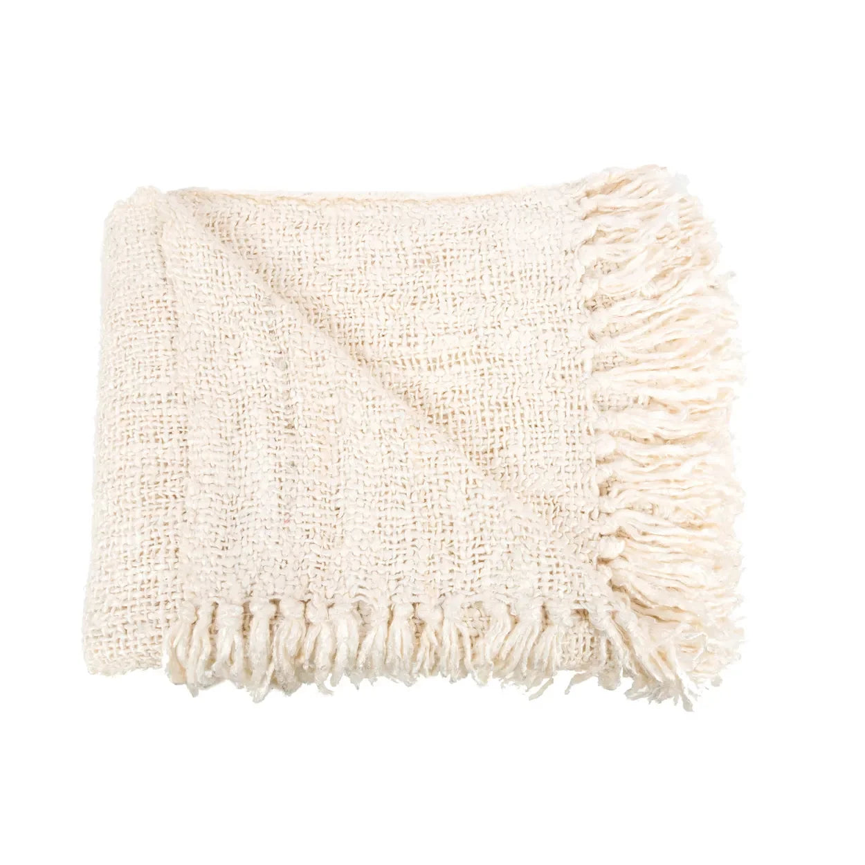 Plaid en coton gaufré crème avec franges décoratives, 170x130 cm, douillet et élégant