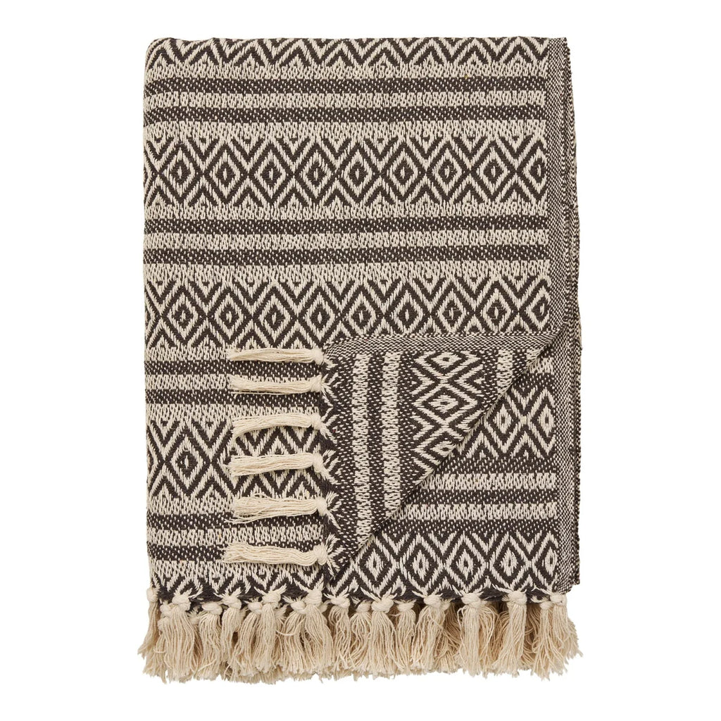 Plaid coton recyclé à motifs losanges beige et noir avec franges et motif géométrique