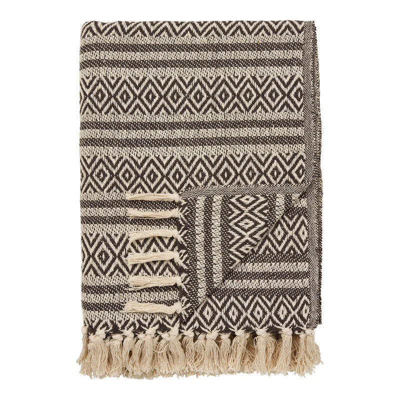 Plaid coton recyclé à motifs losanges beige et noir avec franges