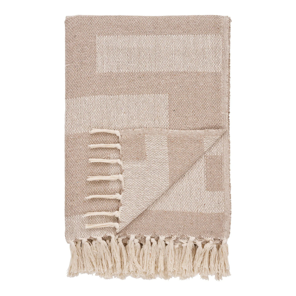 Plaid en coton taupe à carreaux 130x180 cm avec frange, couverture beige à motif