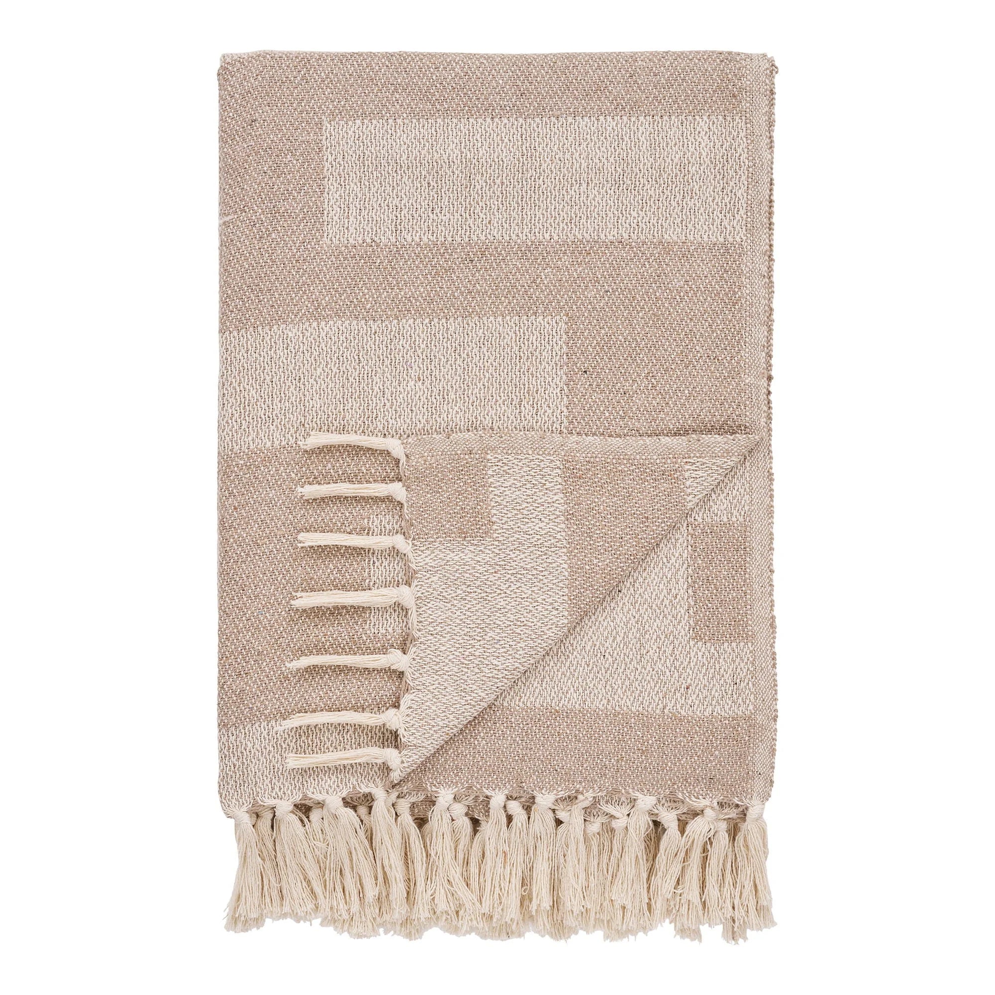 Plaid en coton taupe à carreaux 130x180 cm avec frange, couverture beige à motif