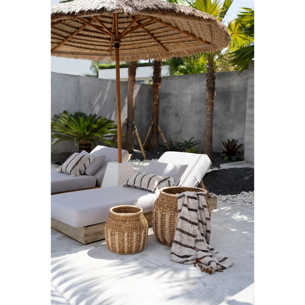 Plaid en coton tissé à franges rayé beige et marron