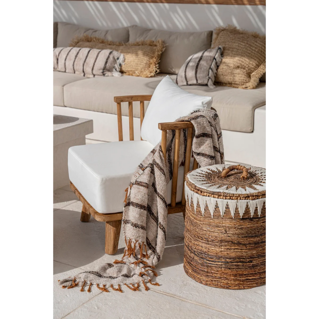 Plaid en coton tissé à franges rayé beige et marron