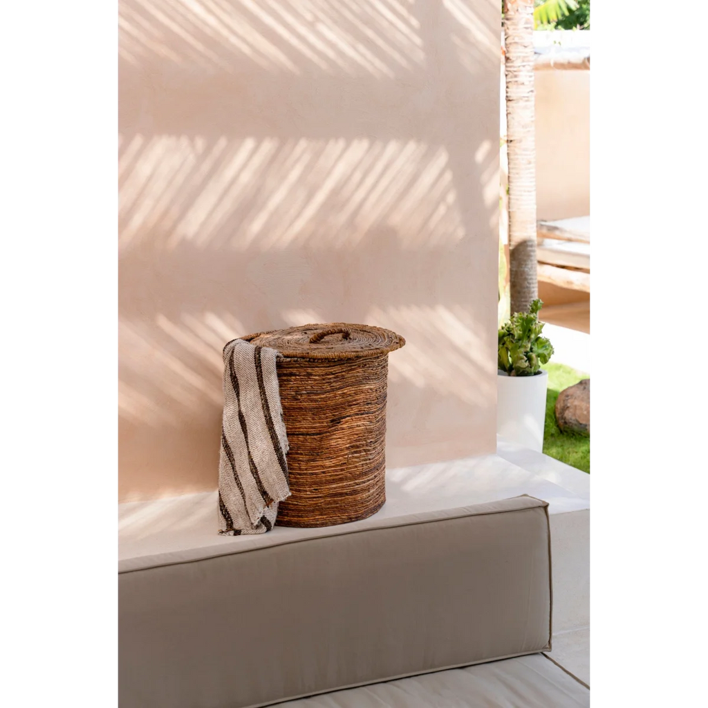 Plaid en coton tissé à franges rayé beige et marron