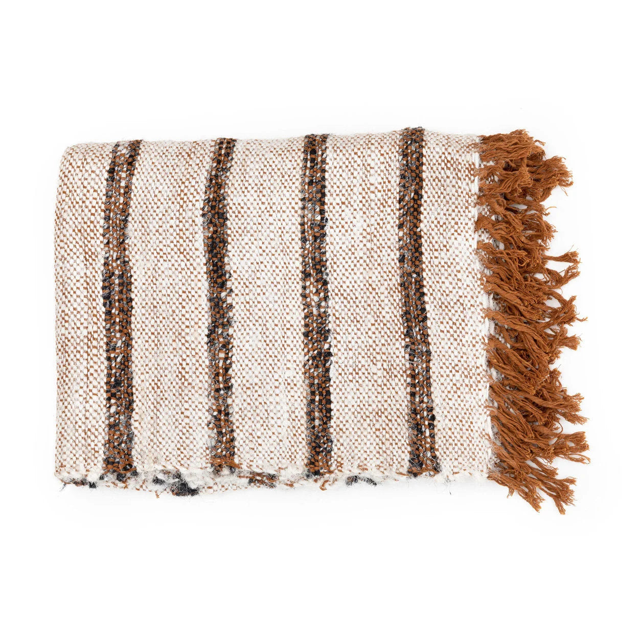 Plaid en coton tissé à franges rayé beige et marron, couverture en laine à rayures