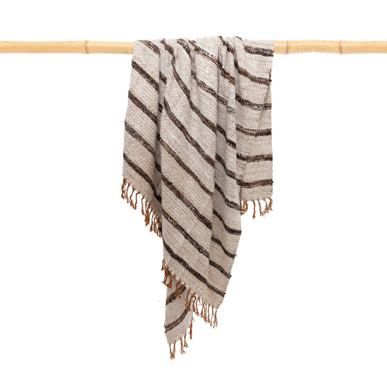 Plaid en coton tissé à franges rayé beige et marron, couverture douillette à motifs