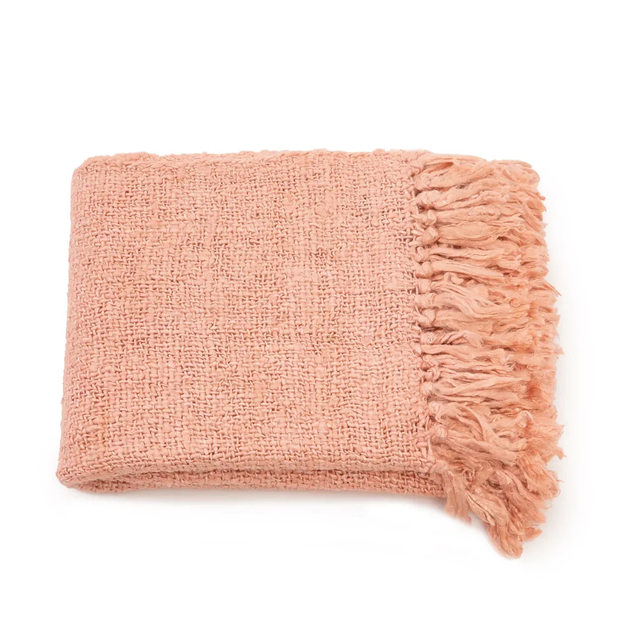 Plaid en coton tissé à la main rose saumon avec franges