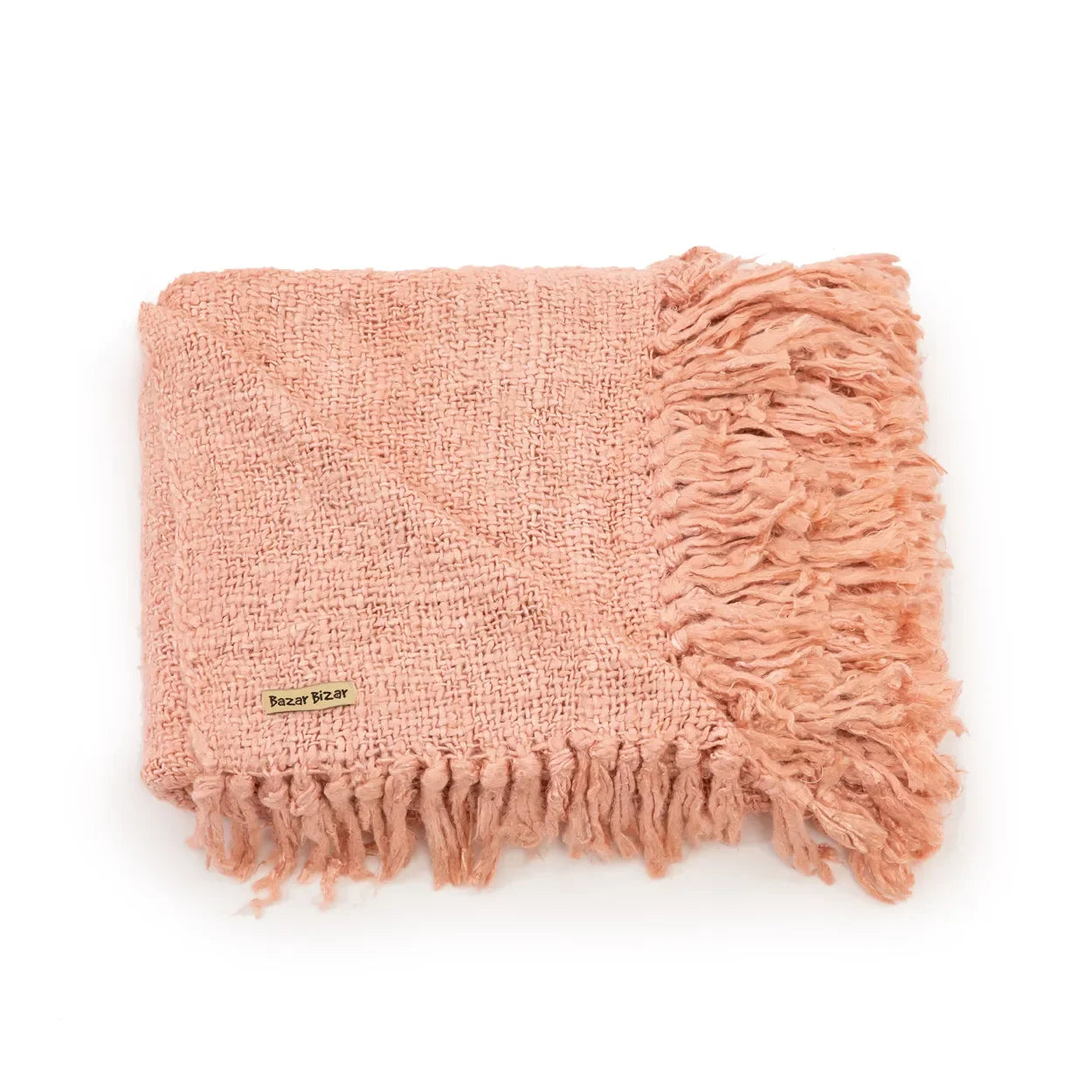 Plaid en coton tissé à la main rose saumon avec franges