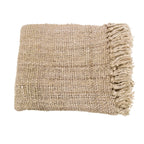 Plaid en coton tissé beige à franges pour lit ou canapé, 130x170 cm