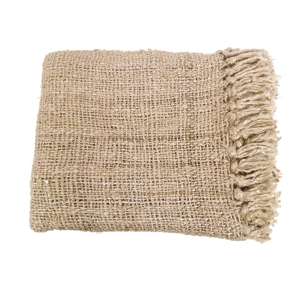 Plaid en coton tissé beige à franges pour lit ou canapé, 130x170 cm