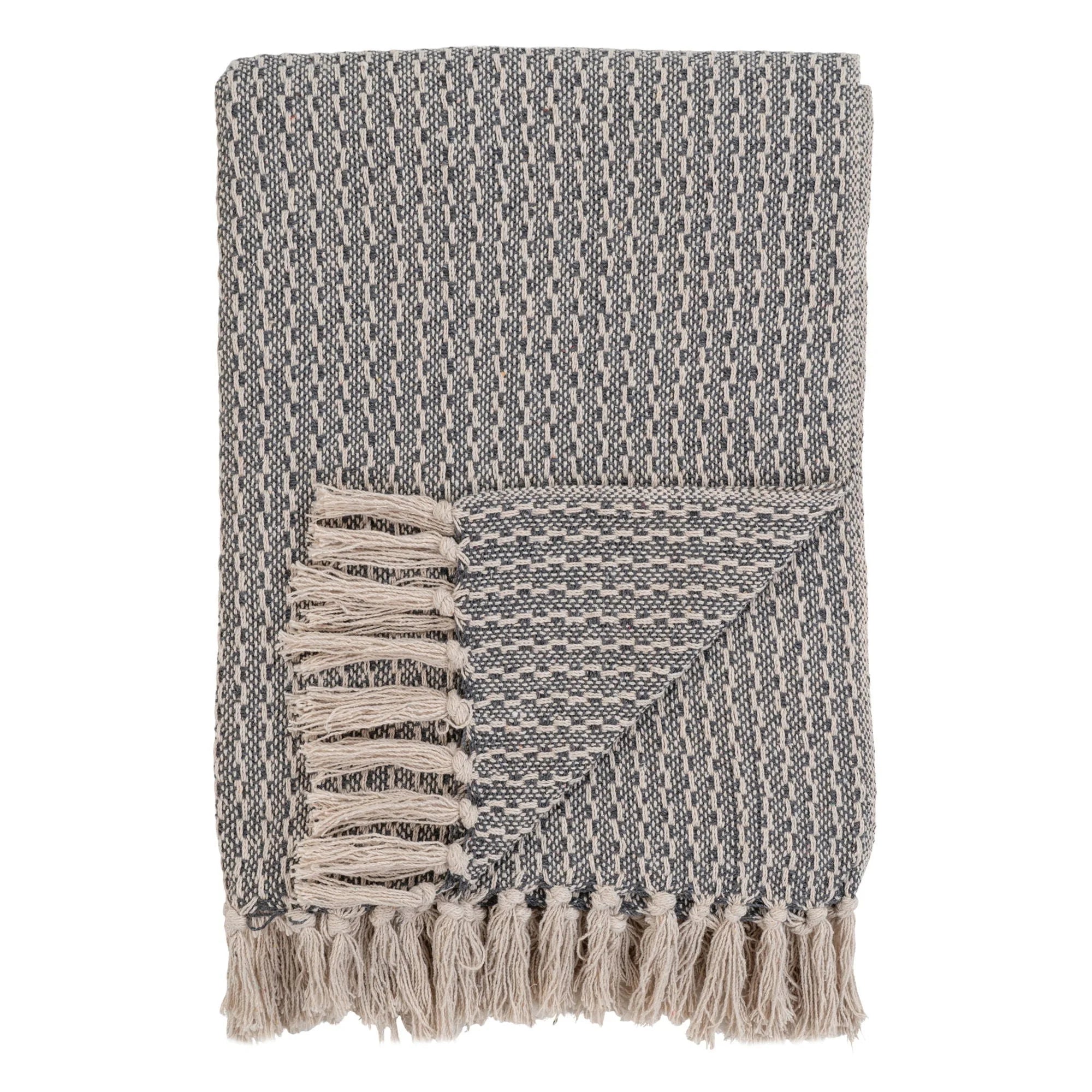 Plaid en coton tissé gris et beige avec franges décoratives, motif gris et beige