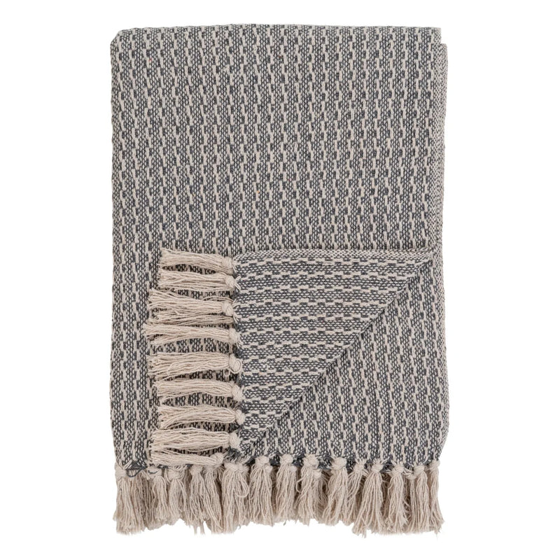 Plaid en coton tissé gris et beige avec franges décoratives