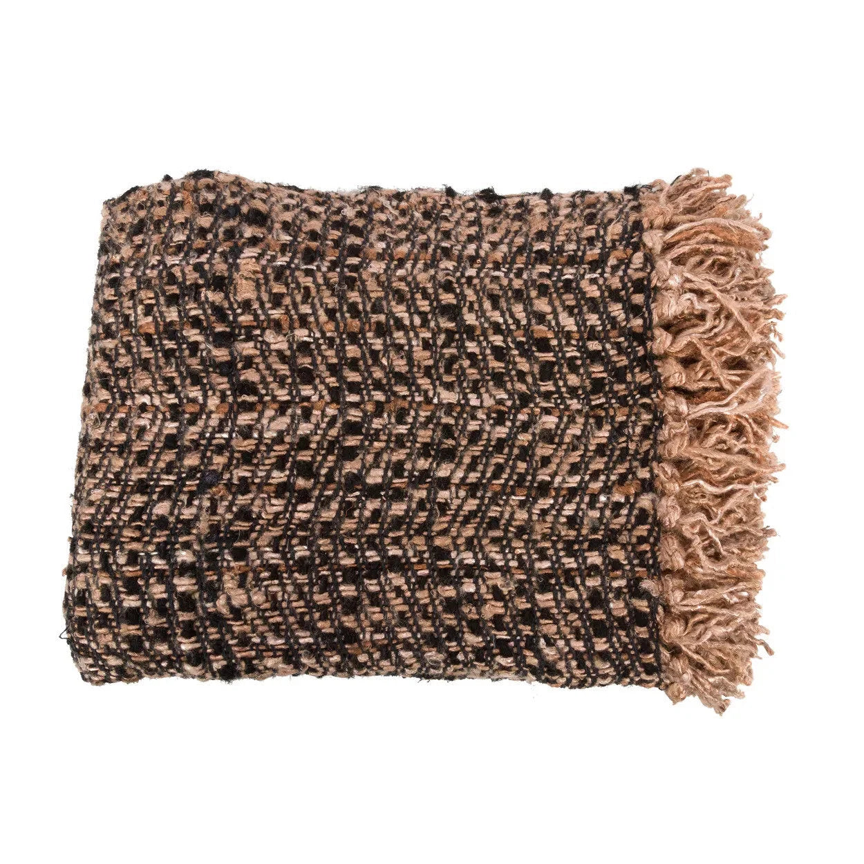 Plaid en coton tissé noir cuivre à franges chevrons, 130x170 cm, avec motif marron et noir