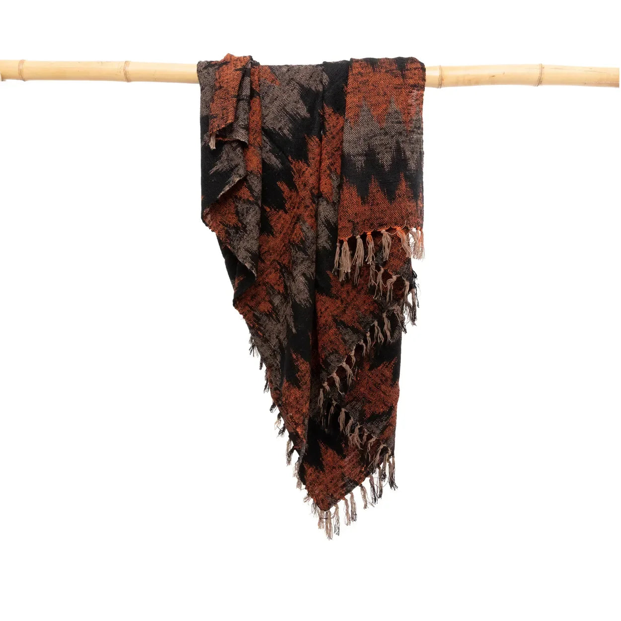 Écharpe à franges en coton tissé noir et orange avec motif géométrique et motif