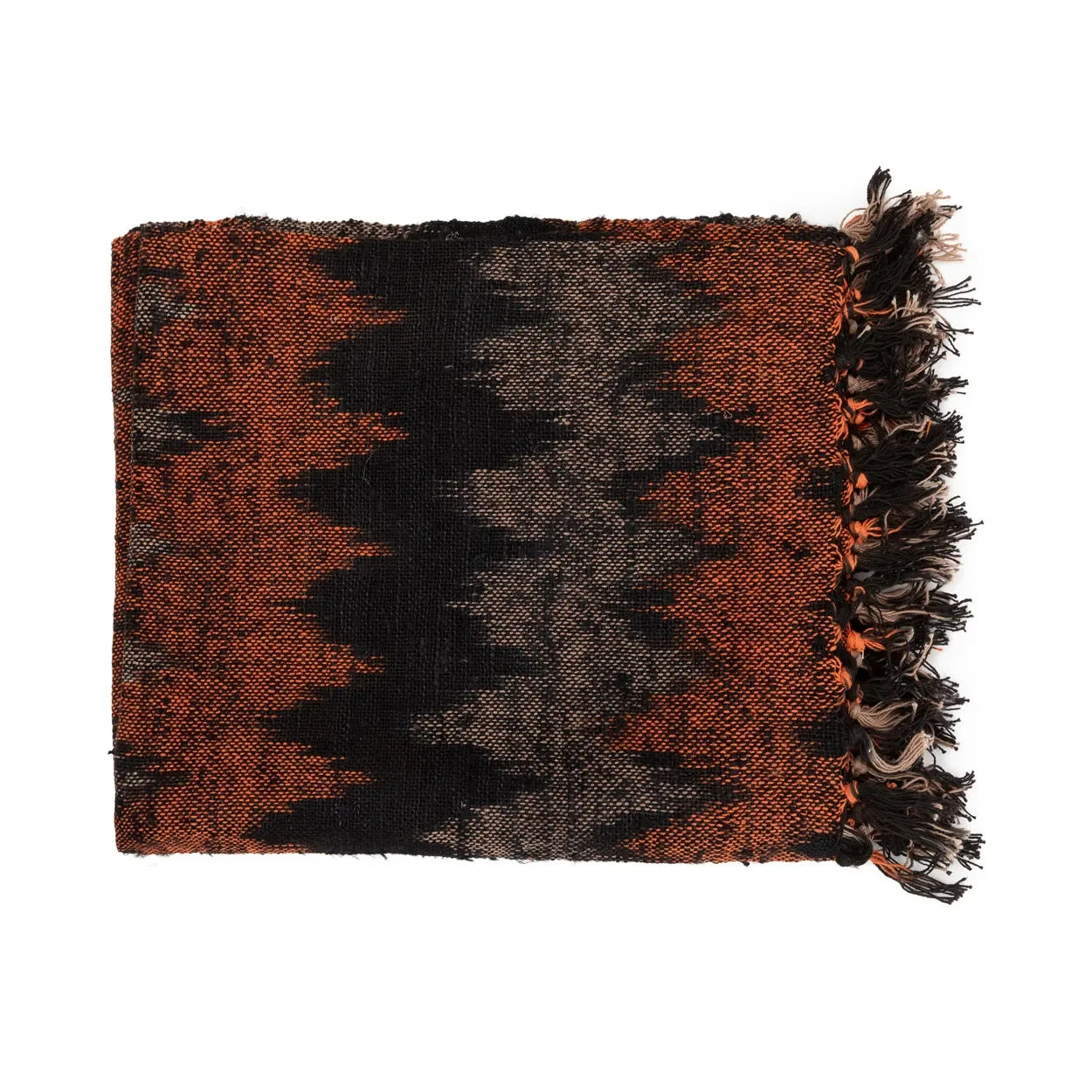 Tapis en coton tissé noir et orange avec motif géométrique zigzag et franges
