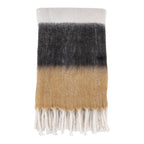 Plaid duveteux à franges en maille chinée camel et anthracite, beige et noir