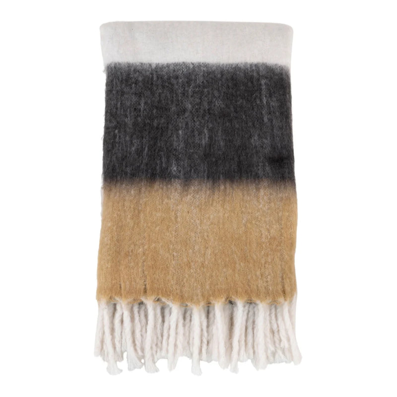 Plaid duveteux à franges en maille chinée camel et anthracite