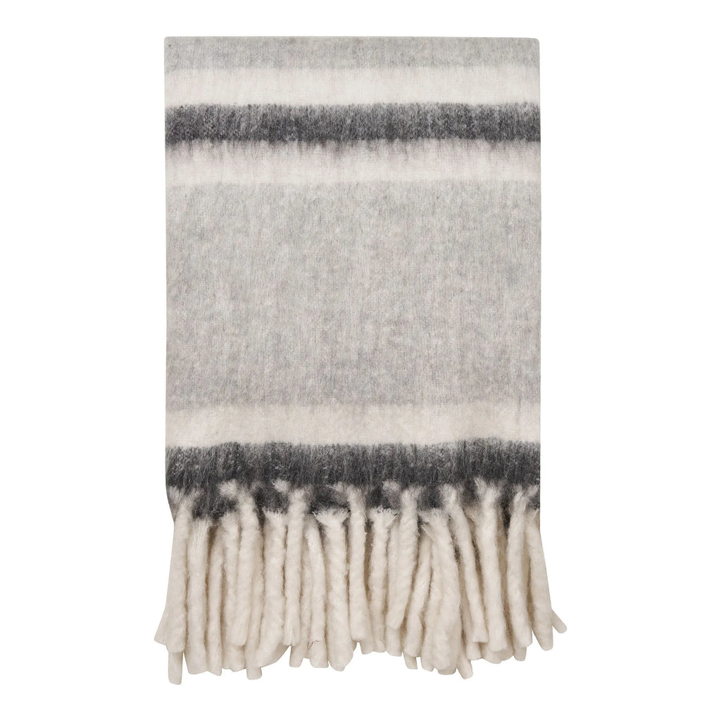 Plaid duveteux à rayures gris blanc avec franges longues 130x170 cm