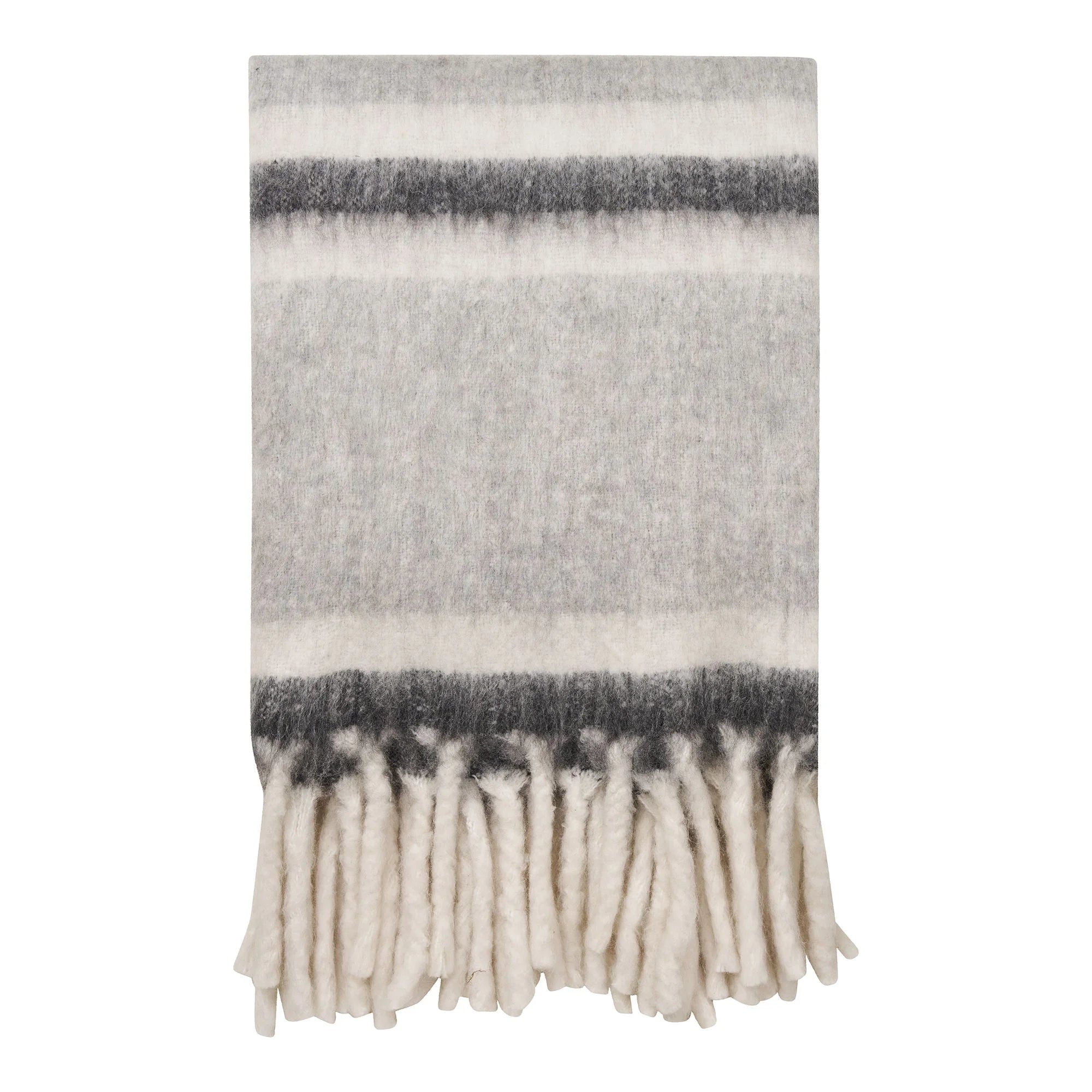 Plaid duveteux à rayures gris blanc avec franges longues 130x170 cm